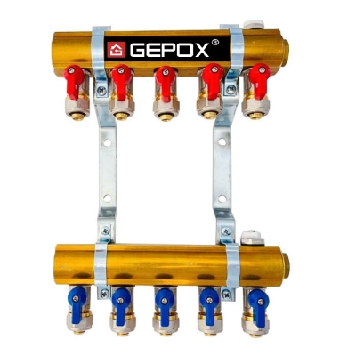 Rozdzielacz C.O. 5 obwodów GEPOX zaworki PEX odpowietrzniki DO GRZEJNIKÓW